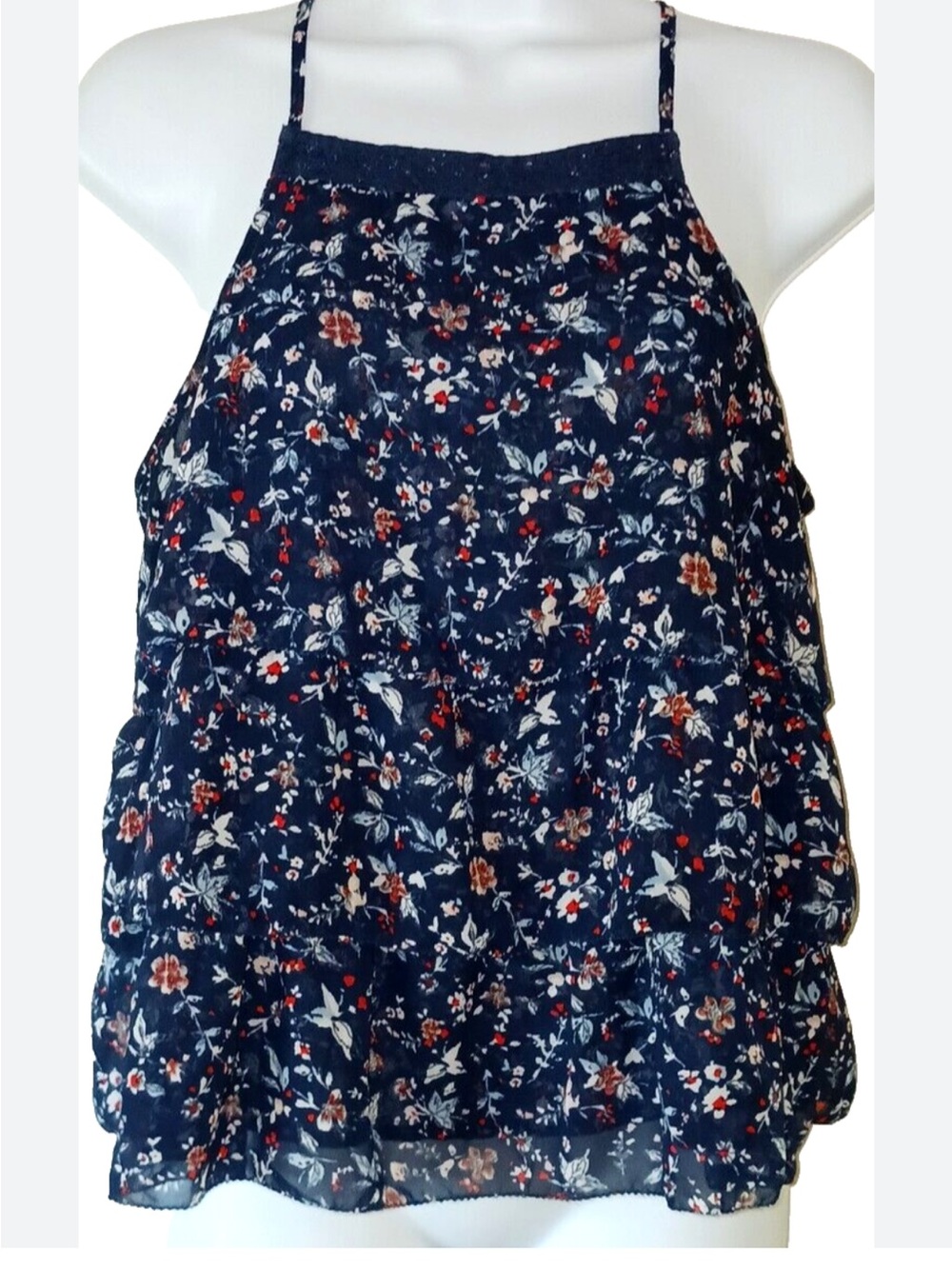 Abercrombie & Fitch Navy Floral Halter Tank with Red Flowers size Sm ruffles